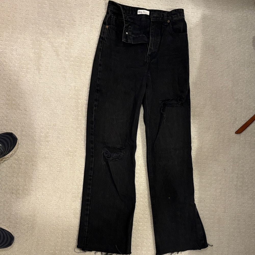 Zara Black Distressed Flare Jeans